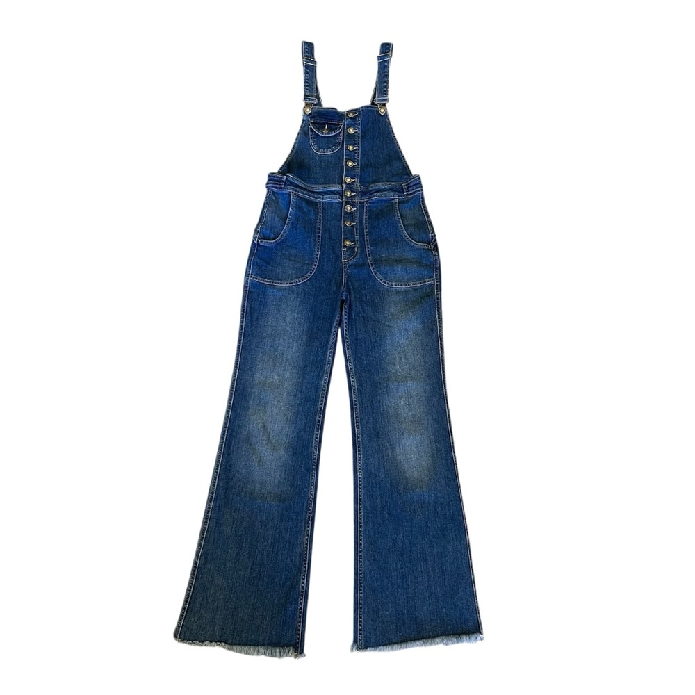 FREE PEOPLE Alvin Flared Overall Y2K Retro Raw Hem Denim Blue Size 28 - Picture 3 of 15